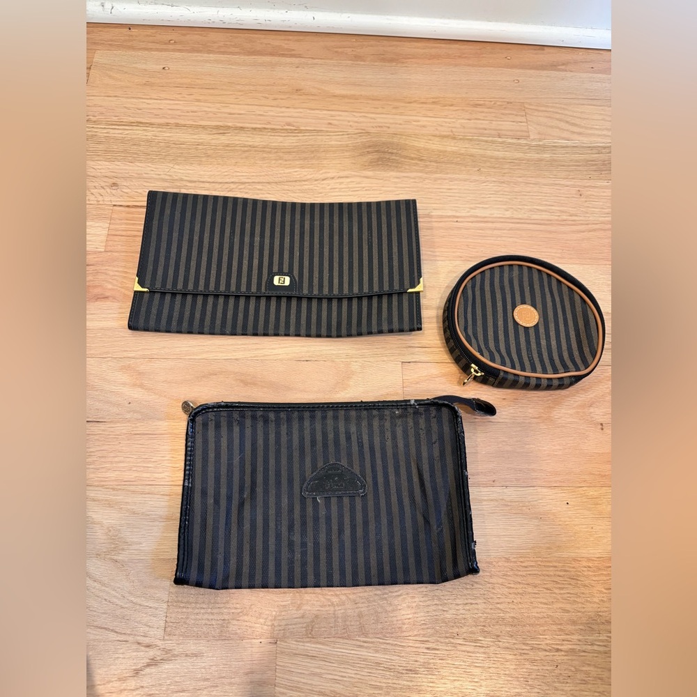 Set of 3 vintage Fendi Pequin stripe accessories in brown and black leather